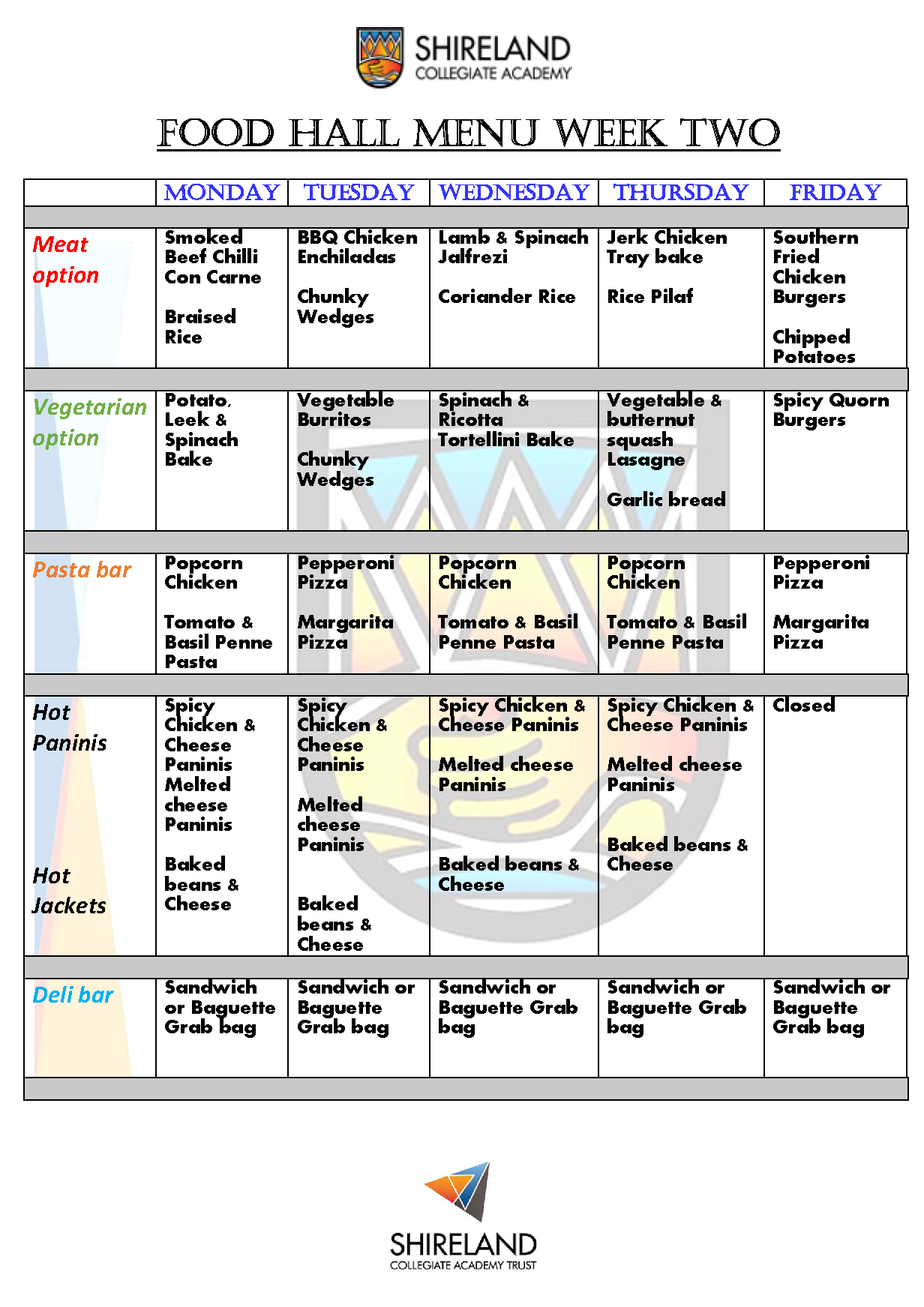 New Food Hall Menu 202021 Shireland Collegiate Academy